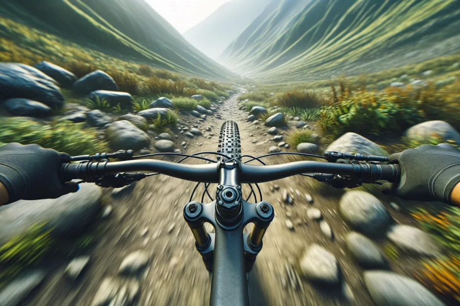 pov image of a mountain biker going down a rocky trail happy to be wearing mtb elbow pads