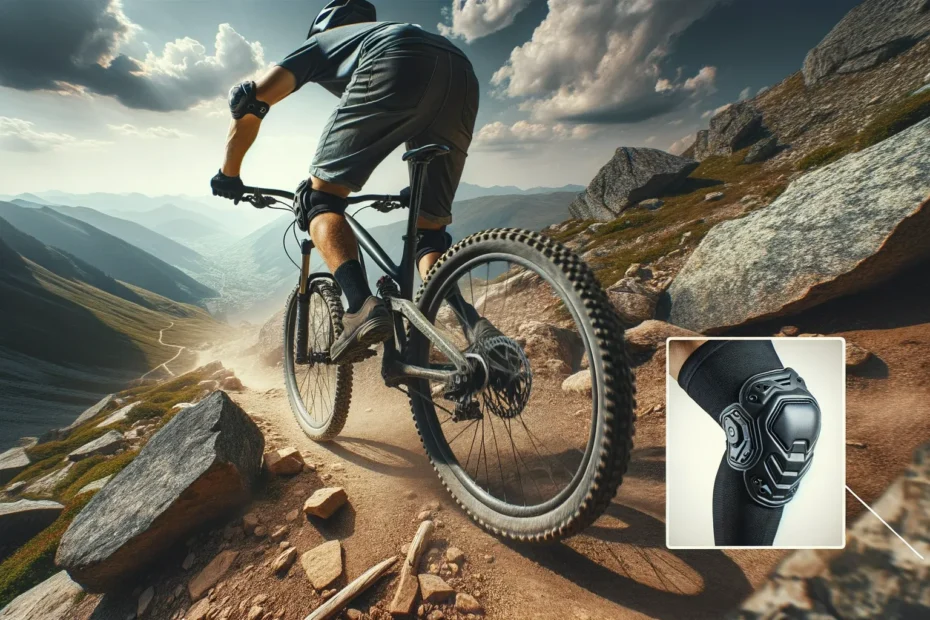 A mountain biker in action riding down a steep rocky trail with full safety equipment on