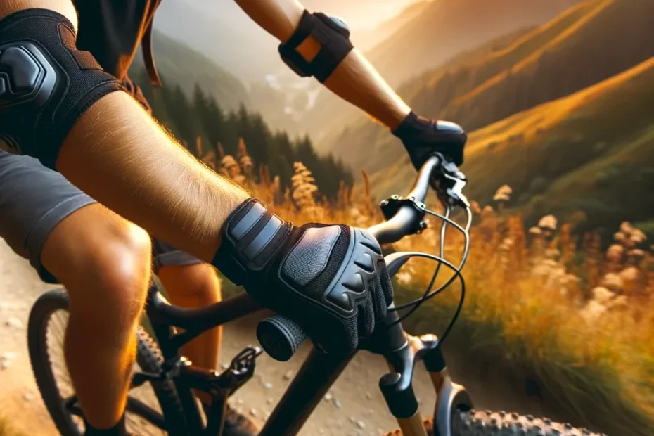 Beginners Guide to MTB Elbow Pads - Photo of a mountain biker riding on a rugged trail with the majestic sunrise in the background