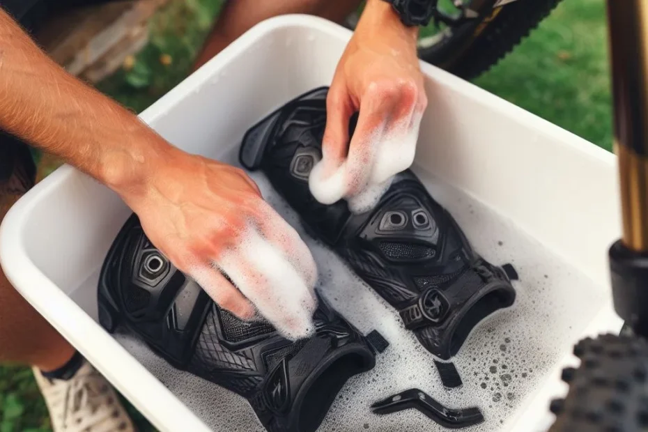 washing a pair of mtb elbow pads in a tub